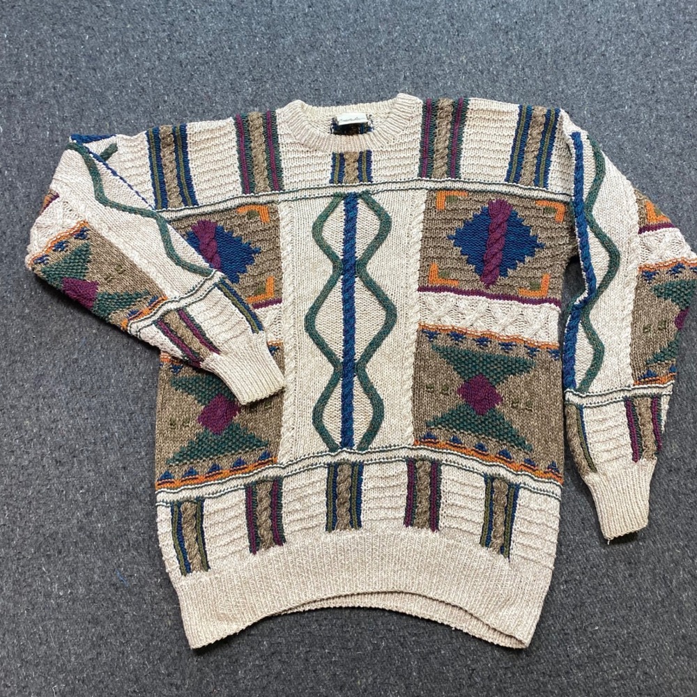 Angelo Litrico Sweater Sz L Men Multi Color Coogi Style Geometric Cable Knit 90s